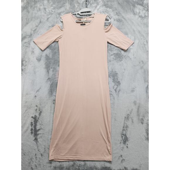 NEW YELETE Dress Womens S Tan Scoop Neck Cold Shoulder Short Sleeve Midi Stretch - Picture 1 of 9